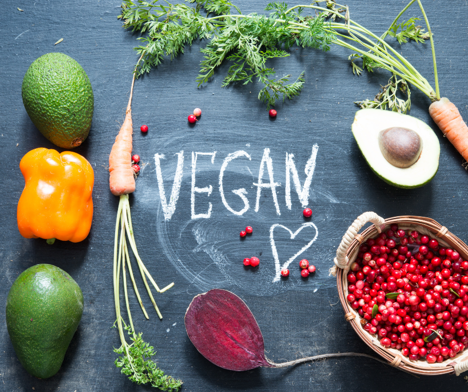 vegan on chalk board with vegetables around