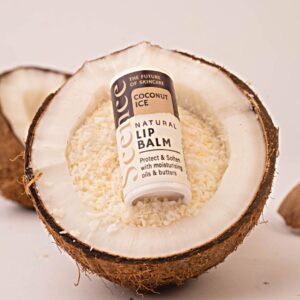coconut flavoured natural lip balm sat inside coconut shell