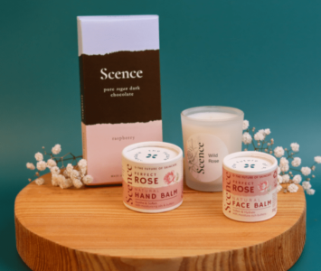 gift set including raspberry chocolate, hand balm, face balm and candle